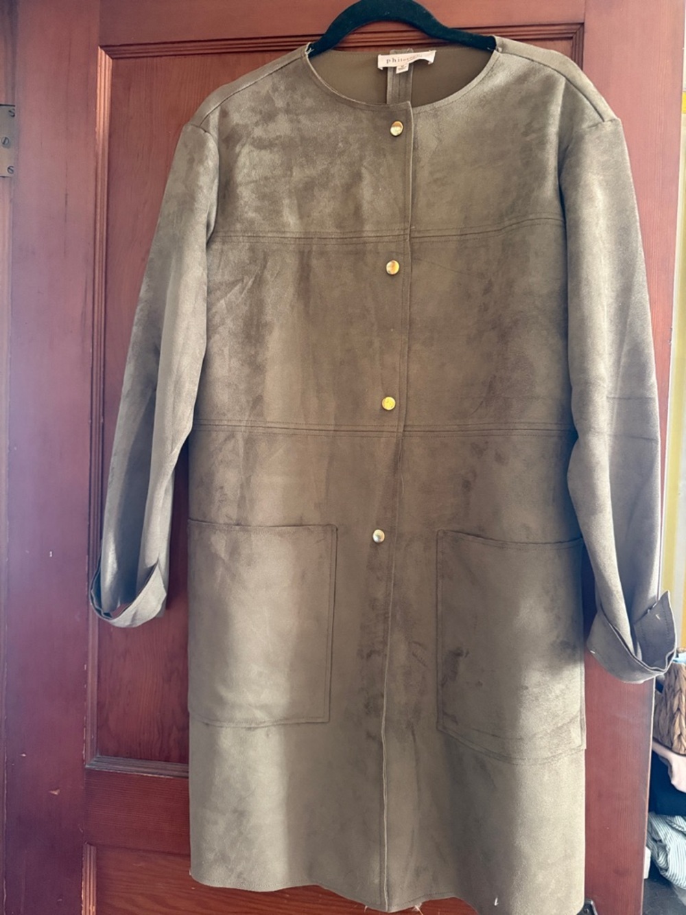 Philosophy Olive Suede-Look Long Trench Coat with Gold Buttons